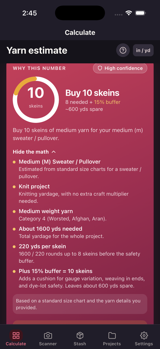 SkeinSense explaining why to buy 10 skeins: 8 needed plus a 15% dye-lot buffer