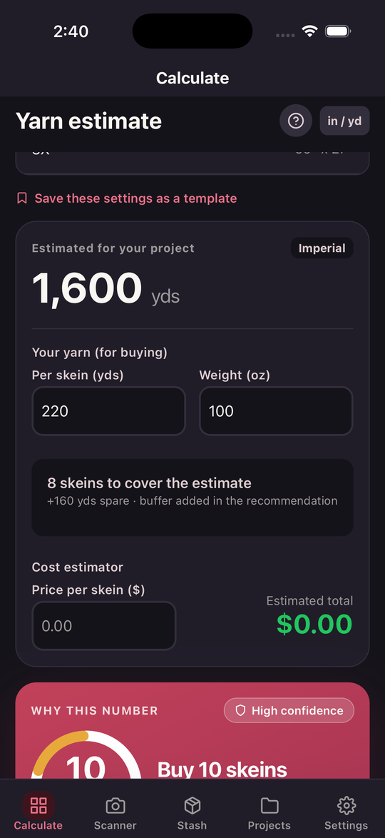 SkeinSense estimating 1,600 yards for a medium knit sweater